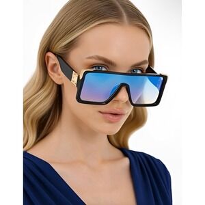 Women Sunglasses Flat Top Shield Blue Mirrored Lens Fashion Sunglasses Lentes